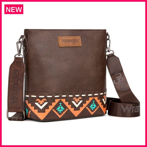 Handbags - Vegan Leather Crossbody Bag with Aztec Pattern, 10x3.5x9 Inches